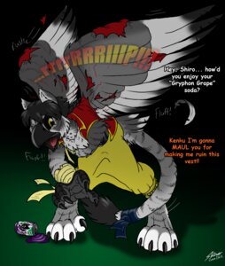 Rating: Safe Score: 0 Tags: 2012 anthro avian beak beverage catmonkshiro claws clothing e621 english_text feathered_wings feathers grape_soda gryphon male mythological_avian mythological_creature mythology shirt soda solo tail text topwear torn_clothing transformation vest wings User: bunchy7s