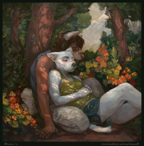 Rating: Safe Score: 0 Tags: 2014 anthro blush brown_hair canid canine canis clothing detailed_background domestic_dog duo e621 ear_piercing eyes_closed female flower forest fur hair kamui_(artist) lying male mammal nature outside piercing plant red_(kamui) romantic romantic_ambiance romantic_couple sighs_(kamui) sleeping tree white_body white_fur User: bunchy7s