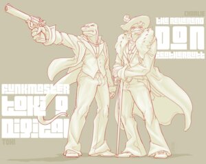 Rating: Safe Score: 0 Tags: 2011 anatid anseriform anthro avian bird bottomwear charlie_(toki) claws clothed clothing duck duo e621 feathers fully_clothed fydbac gun hair handgun hat headgear headwear lizard long_hair looking_at_viewer male monochrome pants pimp pistol ranged_weapon reptile scalie shirt simple_background stripes suit tail toki_(character) topwear weapon User: bunchy7s