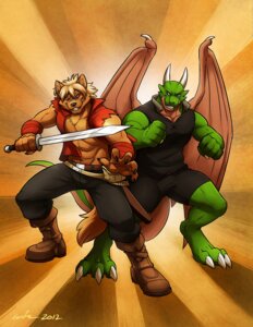 Rating: Safe Score: 0 Tags: 2012 abs anthro bandage belt biceps black_nose blonde_hair blue_eyes brown_body brown_fur canid canine canis claws clothed clothing dragon duo e621 fangs fur green_body green_scales green_skin hair hi_res jaryl_(character) jin_(character) male mammal melee_weapon membrane_(anatomy) membranous_wings muscular muscular_male mythological_creature mythological_scalie mythology open_clothing open_shirt open_topwear pecs pose red_eyes reptile scales scalie scar shirt simple_background sword tail teeth toe_claws topwear torn_clothing warrior weapon wfa wings wolf User: bunchy7s