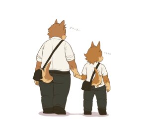 Rating: Safe Score: 0 Tags: 5:4 anthro bag blush bottomwear canid canine chibi clothed clothing duo e621 footwear hand_holding kemono male mammal nama overweight pants rear_view shirt shoes simple_background size_difference slightly_chubby topwear white_background User: bunchy7s