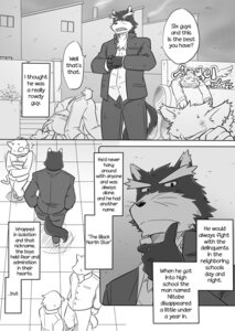 Rating: Safe Score: 0 Tags: anthro canid canine canis clothing comic cotton_(artist) dialogue domestic_dog e621 english_text fur greyscale group male mammal monochrome nitobe text tooboe_bookmark User: bunchy7s