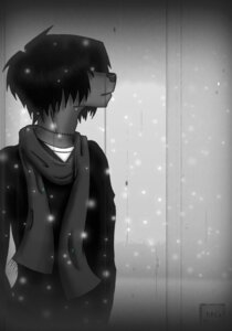 Rating: Safe Score: 0 Tags: absurd_res anthro biped black_hair clothed clothing e621 front_view greyscale hair hair_over_eyes hi_res looking_aside male milo_nettle milo_nettle_(character) monochrome patchwork_creature scarf short_hair snow solo standing User: bunchy7s