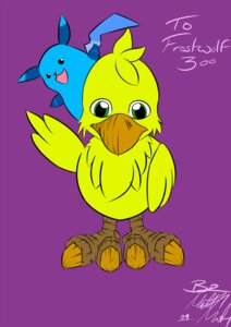 Rating: Safe Score: 0 Tags: ambiguous_gender avian beak chocobo duo e621 fan_character feathered_wings feathers feral final_fantasy frost_wolf generation_1_pokemon happy mammal nintendo pikachu pokemon pokemon_(species) rodent square_enix tail unknown_artist wings User: bunchy7s