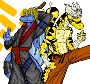 Rating: Safe Score: 0 Tags: 2006 abs ambiguous_gender anthro black_body black_scales blonde_hair blue_body blue_eyes blue_scales bottomwear cel_shading claws clothed clothing digital_drawing_(artwork) digital_media_(artwork) dragon duo e621 efrath green_eyes hair horn male male_(lore) membrane_(anatomy) membranous_wings muscular muscular_male mythological_creature mythological_scalie mythology naburus pants pecs robe scales scalie shaded simple_background stripes tail teeth topless topless_male white_background white_claws wings yellow_body yellow_scales User: bunchy7s