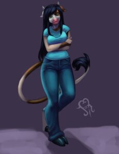 Rating: Safe Score: 0 Tags: 2013 abstract_background anthro biped black_hair bottomwear bovid bovine breasts cattle clothed clothing convenient_censorship crossed_arms denim denim_bottomwear denim_clothing detailed e621 female front_view fully_clothed fur green_eyes grey_background hair hair_covering_breasts holding_breast hooves horn isabella_mendez jeans johedveigd long_hair looking_at_viewer mammal on_one_leg pants pose shirt simple_background smile solo standing tail tail_tuft topwear tuft User: bunchy7s