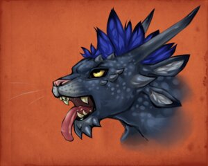 Rating: Safe Score: 0 Tags: 2014 ambiguous_gender black_body black_fur black_lips blue_hair charr e621 fangs felid fur guild_wars hair headshot_portrait horn inner_ear_fluff lips long_mouth looking_up mammal multi_ear neon_(artist) nicky_boomer no_sclera open_mouth orange_background pink_nose portrait sharp_teeth short_hair side_view simple_background snout solo spots teeth textured_background tongue tongue_out tuft yellow_eyes User: bunchy7s