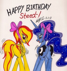 Rating: Questionable Score: 0 Tags: 2012 accessory birthday blue_body blue_feathers bow_(feature) bow_accessory bow_ribbon butt duo e621 equid equine feathered_wings feathers female feral friendship_is_magic hair_accessory hair_bow hair_ribbon hasbro hi_res horn mammal my_little_pony mythological_creature mythological_equine mythology newyorkx3 pegasus princess_luna_(mlp) quadruped ribbons spitfire_(mlp) tail wiggle winged_unicorn wings wonderbolts_(mlp) yellow_body yellow_feathers User: bunchy7s