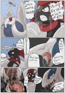 Rating: Questionable Score: 0 Tags: ambiguous_gender avian bodily_fluids caught_in_the_act comic dialogue e621 english_text extreme_size_difference feathers_(artist) feral generation_2_pokemon generation_4_pokemon legendary_pokemon licking lugia nintendo pokemon pokemon_(species) red_eyes restraints saliva size_difference tail text tongue tongue_out vore weavile User: bunchy7s