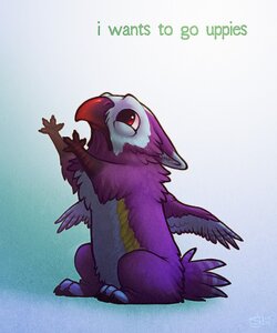 Rating: Safe Score: 0 Tags: 2010 5:6 ambiguous_gender avian beak daww e621 english_text feathered_wings feathers feral frown gryphon looking_up low_res merygryph merystic multicolored_body mythological_avian mythological_creature mythology purple_body purple_feathers red_eyes sitting solo text uppies wings young young_feral User: bunchy7s