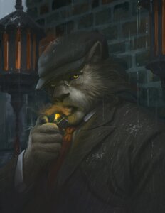 Rating: Safe Score: 0 Tags: 5_fingers accessory anthro black_nose black_sclera brick brick_wall cigar clothed clothing collared_shirt detailed detailed_background detailed_fur dress_shirt e621 eyewear felid fingers fire flat_cap fur glasses grey_body grey_fur hat headgear headwear hi_res holding_object jacket lighter lion loculi looking_aside looking_at_viewer male mammal mr._smoke necktie outside pantherine pattern_clothing pince-nez raining shirt smoke smoke_from_mouth smoking solo street_lamp striped_clothing stripes suit topwear wall_(structure) water yellow_eyes User: bunchy7s