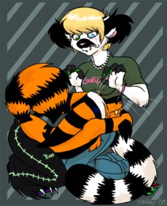 Rating: Safe Score: 0 Tags: 2005 alternative_fashion anthro band_merch band_shirt blonde_hair bottomwear clothed clothing duo e621 emo female glamfur gorillaz hair heterochromia jewelry kaku_q._spookaboo kakumatsurou lemur male mammal necklace oversized_bottomwear oversized_clothing oversized_pants pants primate ring-tailed_lemur shirt shirt_logo short_hair spookaboo_(species) strepsirrhine tail topwear zeriara_(character) User: bunchy7s