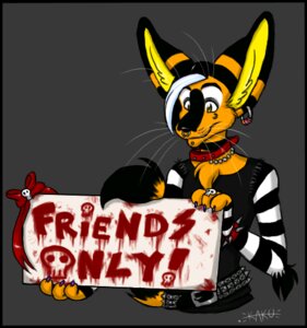 Rating: Safe Score: 0 Tags: alternative_fashion anthro belt big_ears black_body black_border black_fur blood bodily_fluids border canid canine claws clothed clothing collar e621 ear_piercing facial_piercing front_view fur glamfur goth holding_object holding_sign kaku_q._spookaboo kakumatsurou low_res male mammal nose_piercing orange_body orange_fur piercing sign smile solo whiskers white_body white_fur User: bunchy7s