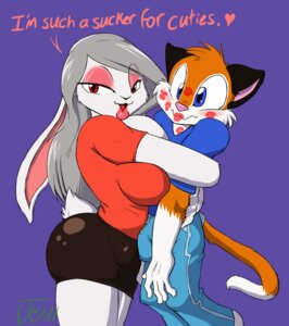 Rating: Questionable Score: 0 Tags: anthro big_breasts blue_eyes breasts bulge bunner butt danny_(bluewulv) duo e621 english_text felid female huge_breasts kiss_mark kiss_mark_on_face kiss_mark_on_neck kissing lagomorph leporid lips male mammal rabbit red_eyes text thewill User: bunchy7s