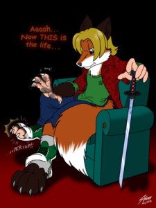 Rating: Safe Score: 0 Tags: 2012 3:4 anthro biped bottomwear canid canine catmonkshiro chair claws clothing dipstick_tail e621 footwear fox furniture legwear male mammal markings melee_weapon pants shirt shoes socks solo sword tail tail_markings topwear torn_clothing transformation weapon User: bunchy7s