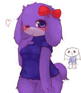 Rating: Safe Score: 0 Tags: accessory anthro blue_clothing blue_sweater blue_topwear blush bow_(feature) bow_accessory bow_ribbon breasts cave_story chaco_(cave_story) chipar clothing digital_media_(artwork) duo e621 eyelashes female fur hair_accessory hair_bow hair_ribbon heart_symbol hi_res kemono lagomorph looking_at_viewer mammal mimiga one_eye_closed open_mouth purple_body purple_eyes purple_fur ribbons shaded simple_background sue_sakamoto sweater topwear white_background white_body white_fur User: bunchy7s