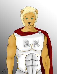Rating: Safe Score: 0 Tags: anthro armor cape clothing e621 ectasy26 felid gradient_background grey_background hi_res lion male mammal pantherine simple_background solo white_background User: bunchy7s