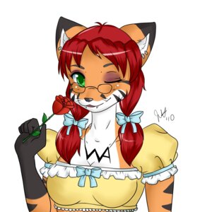 Rating: Safe Score: 0 Tags: 1:1 anthro canid canine e621 eyewear female flirting flower fox glasses hair hi_res jenkitty20 mammal one_eye_closed plant red_hair rose_(flower) solo stripes vixina wink User: bunchy7s