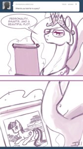 Rating: Safe Score: 0 Tags: 2011 ask_blog ask_princess_molestia comic crown cutie_mark dialogue drawing_(object) drawing_in_a_drawing e621 english_text equid equine eyewear fan_character feathered_wings feathers female female/female feral friendship_is_magic fur glasses hair hasbro headgear horn john_joseco long_hair looking_back magic mammal monochrome my_little_pony mythological_creature mythological_equine mythology princess princess_celestia_(mlp) princess_molestia quadruped royalty tail text tiara tumblr twilight_sparkle_(mlp) unicorn winged_unicorn wings User: bunchy7s