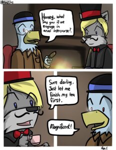 Rating: Questionable Score: 0 Tags: anthro arrwulf avian beverage bird british canid canine canis cigar clothing comic container cup dialogue duo e621 english_text eyewear food hat headgear headwear holding_container holding_cup holding_object humor i_say male male/male mammal meme monocle smoking tea terribly_british text wolf User: bunchy7s