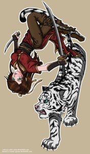 Rating: Safe Score: 0 Tags: accessory black_claws blue_eyes bottomwear breasts brown_bottomwear brown_clothing brown_hair brown_pants claws clothed clothing duo e621 felid female footwear green_eyes grey_clothing grey_footwear grey_legwear grey_socks hair hair_accessory hair_ribbon hi_res holding_melee_weapon holding_object holding_sword holding_weapon human katana kiala lacing legwear mainc-goose mammal melee_weapon midair osho-zena pantherine pants ribbons sandals shirt shoes simple_background socks sword tiger topwear tunic upside_down weapon User: bunchy7s