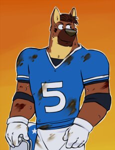 Rating: Safe Score: 0 Tags: 4_fingers anthro armor black_nose blue_clothing blue_jersey blue_shirt blue_t-shirt blue_topwear bodily_fluids bottomwear brown_body brown_fur brown_hair canid canine canis clothing domestic_dog e621 fingers football_helmet front_view fur german_shepherd gloves hair half-length_portrait hammer_(character) handwear headgear helmet herding_dog holding_armor holding_headgear holding_helmet holding_object jersey male mammal muscular muscular_anthro muscular_male orange_background pants pastoral_dog portrait shirt simple_background smile snout solo standing sweat t-shirt topwear vasuki white_bottomwear white_clothing white_gloves white_handwear white_pants User: bunchy7s