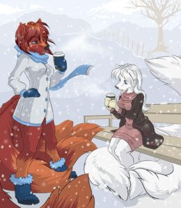 Rating: Safe Score: 0 Tags: anthro beverage boots bottomless canid canine clothed clothing cloud demicoeur digital_media_(artwork) dreamspinner duo e621 female food footwear fox fur holding_object krinele_fullin mammal molly_fullin multi_tail outside shoes sky snow snowing tail white_body white_fur winter User: bunchy7s
