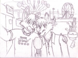 Rating: Safe Score: 0 Tags: amusement_park amusement_ride anthro ash_(metal_fox) candy canid canine clothed clothing collar cotton_candy dessert detailed_background duo_focus e621 ferris_wheel food group kelix looking_at_viewer male male/male mammal metal_fox117 monochrome outside rock_band romantic romantic_couple sketch tail toony topwear vest User: bunchy7s