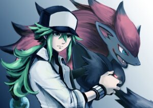 Rating: Safe Score: 0 Tags: ambiguous_gender anthro baseball_cap canid canine clothing duo e621 generation_5_pokemon green_eyes green_hair hair hat headgear headwear holding_object holding_pokeball human male mammal moggy-cat n_(pokemon) nintendo pokeball pokemon pokemon_(species) standard_pokeball zoroark User: bunchy7s