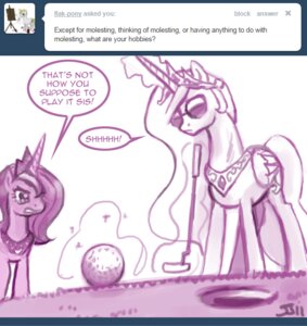 Rating: Safe Score: 0 Tags: 2011 ask_blog ask_princess_molestia cheat crown detailed_background dialogue duo e621 english_text equid equine eyewear fan_character feathered_wings feathers female feral friendship_is_magic golf golf_ball golf_club hair hasbro headgear horn john_joseco like_a_boss long_hair magic mammal monochrome my_little_pony mythological_creature mythological_equine mythology princess princess_celestia_(mlp) princess_luna_(mlp) princess_molestia putter quadruped royalty sibling_(lore) sister_(lore) sisters_(lore) sport sunglasses tail text tiara toony tumblr winged_unicorn wings User: bunchy7s