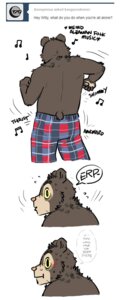 Rating: Safe Score: 0 Tags: anthro artdecade bear blush bodily_fluids brown_body brown_fur clothed clothing comic dancing dialogue digital_media_(artwork) e621 embarrassed english_text fur humor looking_at_viewer male mammal music pajamas simple_background sloth_bear solo sound_effects sweat text topless tumblr ursine whispering white_background wide_eyed willy_(artdecade) User: bunchy7s