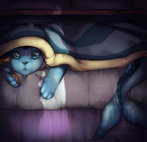 Rating: Safe Score: 0 Tags: 2012 ambiguous_gender bed bedding blanket blue_eyes e621 eeveelution feral furniture generation_1_pokemon hi_res looking_at_viewer lying nintendo on_bed on_front open_mouth pawpads pokemon pokemon_(species) shadow solo tail tartii under_covers vaporeon watermark User: bunchy7s