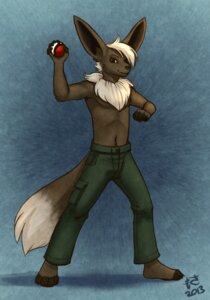 Rating: Safe Score: 0 Tags: 2013 4_toes abstract_background anthro anthrofied barefoot biped bottomwear brown_body brown_eyes brown_fur canid canine cargo_pants clothed clothing dipstick_tail e621 eevee feet fingerless_(marking) fur generation_1_pokemon hair holding_object holding_pokeball long_ears male mammal markings mosa multicolored_tail nintendo pants pokeball pokemon pokemon_(species) pokemorph raised_arm short_hair smile solo standard_pokeball standing tail tail_markings toeless_(marking) toes topless white_hair User: bunchy7s