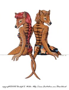 Rating: Safe Score: 0 Tags: 2005 anthro bikini black_nose bottomwear braided_hair bridget_e_wilde brown_body brown_fur brown_hair clothed clothing dasyuromorph duo e621 entwined_tails female fur green_eyes hair long_hair looking_at_viewer looking_back male mammal marsupial recently_extinct_species red_hair short_hair shorts sibling_(lore) signature simple_background sitting skimpy stripes swimming_trunks swimwear tail tail_coil text thylacine traditional_media_(artwork) twins_(lore) two-piece_swimsuit url white_background User: bunchy7s
