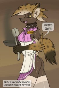 Rating: Questionable Score: 0 Tags: anthro apron bottomless brown_hair by_the_book bythebook clothed clothing collar cooking cookware dialogue e621 english_text female frying_pan gnoll hair hyena kitchen_utensils ladle legwear looking_at_viewer mammal name_tag open_mouth smoke solo stockings tail text tools yellow_eyes yeshka User: bunchy7s