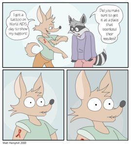 Rating: Safe Score: 0 Tags: 2008 aids anthro arm_tattoo asking asking_another awareness_ribbon base_two_layout biped black_eyes black_nose blockage_(layout) blue_background border bottomwear bulbous_nose canid canine canis clothed clothing comic dialogue digital_media_(artwork) domestic_dog duo e621 english_text exclamation_point eyebrows fully_clothed fur happy hiv_awareness_ribbon horizontal_blockage humor ill irony male mammal matt_rat oops open_mouth pants procyonid question raccoon regret shirt shocked simple_background solo_focus speech_bubble tail talking_to_another tattoo text three_frame_image tongue topwear two_row_layout uhoh watermark white_border wide_eyed yes-no_question User: bunchy7s