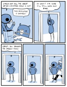 Rating: Safe Score: 0 Tags: 2011 ambiguous_gender anthro avian beak bear beartato bird comic dialogue e621 english_text human humor kissing_bough male mammal mistletoe nedroid plant reginald_(nedroid) speech_bubble text what User: bunchy7s