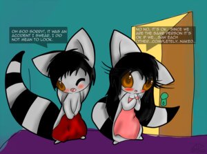 Rating: Questionable Score: 0 Tags: 2010 anthro bathroom black_hair blush brown_eyes cover_up duo e621 english_text female hair male neronova shower tail text towel towel_only User: bunchy7s