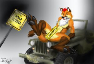 Rating: Questionable Score: 0 Tags: 2009 abstract_background anthro army biped blue_eyes canid canine censor_bar censored chest_tuft colored digitigrade dog_tags e621 feet fox fur gradient_background hair hindpaw jeep labbedog leaning leaning_backward male mammal military nude open_mouth paws red_hair sign simple_background sitting solo spark_(spark) spread_legs spreading tail tongue tuft vehicle willys-overland_motors willys_jeep User: bunchy7s