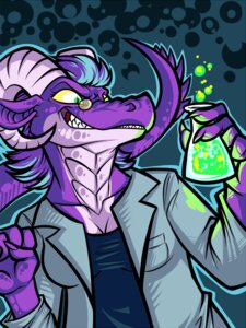 Rating: Safe Score: 0 Tags: anthro clothing coat dragon e621 erlenmeyer_flask eyewear female glasses glowing green_eyes hair lab_coat laboratory_equipment laboratory_glassware mythological_creature mythological_scalie mythology purple_body purple_hair purple_scales scales scalie science scientific_instrument shirt smile solo spamcat tail topwear User: bunchy7s
