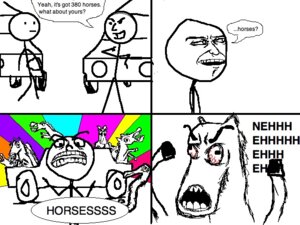 Rating: Safe Score: 0 Tags: 4:3 ambiguous_gender angry black_and_white car comic digital_media_(artwork) e621 equid equine feral grandfathered_content group horse mammal meme monochrome rage_comic rainbow spot_color stick_figure unknown_artist vehicle User: bunchy7s