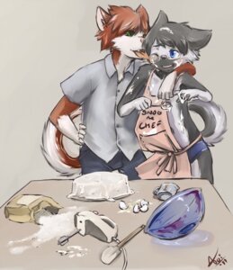 Rating: Safe Score: 0 Tags: 2011 akita anthro aogami apron blue_eyes blush cake canid canine canis clothing cousins_(lore) derek_(kitaness) dessert domestic_dog duo e621 egg english_text eye_contact eyewear food fox glasses green_eyes hair kaoru_(kitaness) licking looking_at_another male mammal messy narrow_hips open_mouth panties signature spitz tail text thin_thighs tongue tongue_out underwear User: bunchy7s
