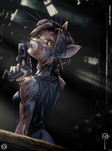 Rating: Safe Score: 0 Tags: bare_shoulders braided_hair crossgender darkness debris detailed_background domestic_cat dust e621 felid feline felis female gun hair handgun hide_and_seek light_shafts looking_back mammal peia_(character) peo phaeton99 pistol ponytail pupils ranged_weapon shadowy_figure slit_pupils solo stripes weapon whiskers User: bunchy7s