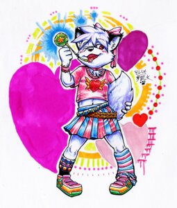 Rating: Safe Score: 0 Tags: accessory alternative_fashion anthro blue_ferret bodily_fluids bottomwear bow_(feature) bow_accessory bow_ribbon candy canid canine clothed clothing colorful_theme crossdressing decora_(fashion) dessert drooling e621 food fox hair_accessory hair_bow hair_ribbon heart_symbol j-fashion lollipop male mammal one_eye_closed pink_clothing pink_shirt pink_topwear red_eyes ribbons saliva shirt signature skirt solo superflat tail topwear traditional_media_(artwork) wink y2k_(graphic_design) young young_anthro young_male User: bunchy7s