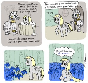 Rating: Safe Score: 0 Tags: bath cerulean_(artist) comic cutie_mark derpy_hooves_(mlp) dialogue duo e621 ear_piercing eating english_text equid equine feathered_wings feathers female feral flower forest friendship_is_magic grey_body grey_feathers hasbro mammal my_little_pony mythological_creature mythological_equine mythology nom outside pegasus piercing plant poison_joke stripes tail text tree water wings wood zebra zecora_(mlp) User: bunchy7s