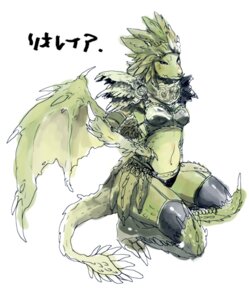 Rating: Safe Score: 0 Tags: anthro armor blue_eyes breasts capcom claws clothed clothing crouching dragon e621 female flying_wyvern green_body green_scales japanese_text membrane_(anatomy) membranous_wings midriff monster_hunter mythological_creature mythological_scalie mythology non-mammal_breasts rath_wyvern rathian scales scalie simple_background skimpy solo spikes tail teteteko text wings User: bunchy7s