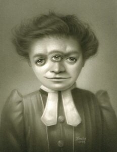 Rating: Questionable Score: 0 Tags: 2006 3_eyes biped clothing creepy dress e621 eyebrows female half-length_portrait looking_at_viewer monster multi_eye nightmare_fuel not_furry portrait smile solo travis_louie User: bunchy7s