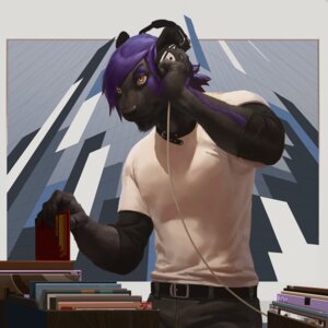 Rating: Safe Score: 0 Tags: 1:1 anthro black_body black_fur clothed clothing collar e621 electronics fur hair headphones male purple_hair record solo unknown_species veramundis yellow_eyes User: bunchy7s