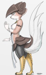 Rating: Questionable Score: 0 Tags: 2011 5_fingers armor breasts clothed clothing e621 female fingers full-length_portrait headgear helmet nipples portrait side_view signature simple_background skimpy solo standing tail topless unknown_species white_background zigstripes User: bunchy7s