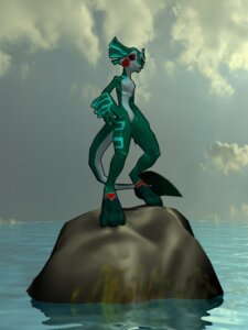 Rating: Safe Score: 0 Tags: 3:4 3d_(artwork) ambiguous_gender anthro bigbaddab00m biped blue_markings boulder claws cloud conditional_dnp countershade_tail countershading detailed_background digital_media_(artwork) e621 featureless_crotch fenra green_body green_skin leaf leaf_tail markings on_rock red_eyes red_markings rock scalie sefeiren solo standing tail toony water white_body white_countershading User: bunchy7s